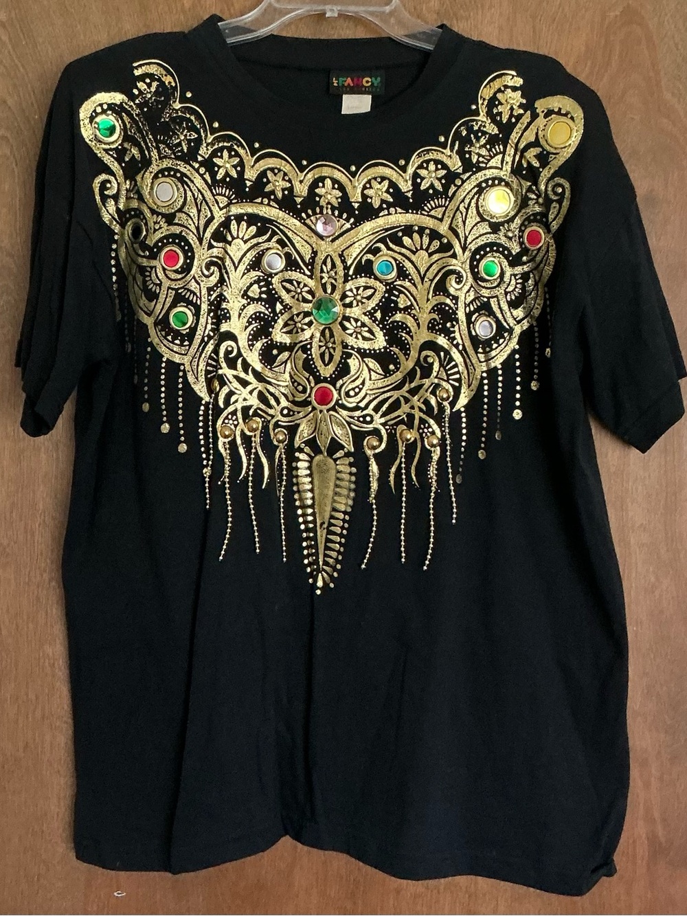 FANCY Women Vintage 1980's Wearable Art Glam Graphic Tee With Shoulder Pads 2X